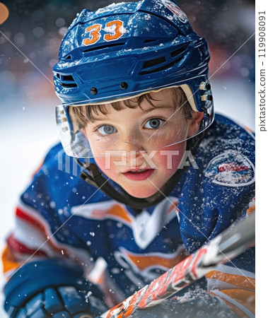 Close-up portrait of young boy wearing blue ice hockey gear, looking determined on rink. Boy is dressed in full equipment with helmet 119908091