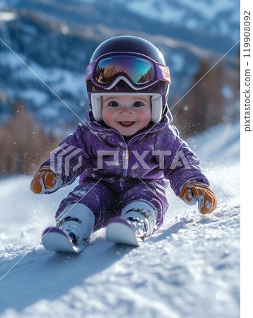Smiling toddler in purple ski gear sliding down snowy hill, enjoying fun and excitement of skiing. 119908092