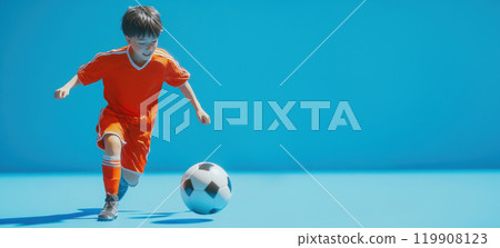 Energetic young boy in orange soccer uniform kicking soccer ball against vibrant blue background. 119908123
