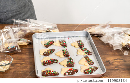Carefully packaging Christmas cutout cookies, half-dipped in chocolate and presented in clear cellophane wrapping, perfect for festive gifting. 119908184
