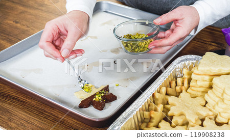 Crafting star-shaped holiday cookies dipped in chocolate and sprinkled with variety of toppings. 119908238