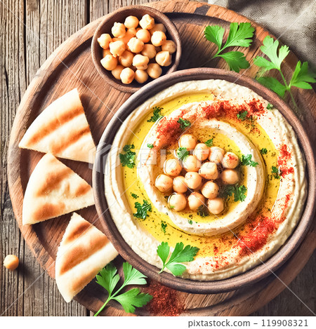 Close-up images of creamy hummus topped with whole chickpeas, drizzled with olive oil, and garnished with fresh parsley. Served alongside toasted pita bread, the setting is rustic and earthy 119908321