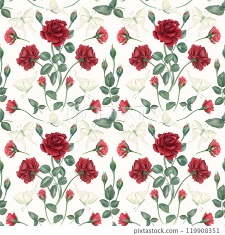 Ruby flowers and green leaves on stems, abstract flying butterflies in art deco style. Red roses watercolor seamless pattern on soft cream background. Blooming summer garden flower illustration. Ruby flowers and green leaves on stems, abstract flying butterflies in art deco style. Red roses watercolor seamless pattern on soft cream background. Blooming summer garden flower illustration. 119908351