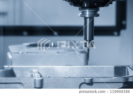 The CNC milling machine cutting mold parts with flat end mill tool in the light blue scene. 119908386