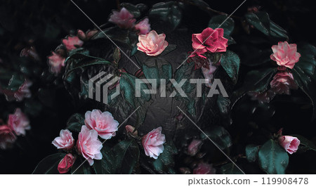 Creative colorful dark layout of flowers and leaves 119908478