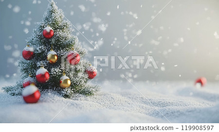 Baubles On Snow With Snowy Christmas Tree Cute  with falling snow. 119908597