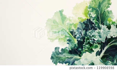 The artwork features an array of kale leaves in different shades of green, beautifully arranged against a subtle, light backdrop, highlighting their natural beauty and texture The artwork features an array of kale leaves in different shades of green, beautifully arranged against a subtle, light backdrop, highlighting their natural beauty and texture 119908598