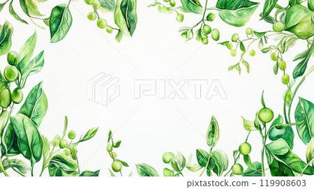 Surrounded by a lush collection of various green leaves and berries, this design provides a fresh, organic backdrop perfect for creative projects 119908603