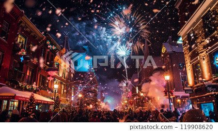 A vibrant winter celebration captures a bustling street adorned with holiday lights. Fireworks burst overhead, bringing joy to the crowds gathered below in the snow A vibrant winter celebration captures a bustling street adorned with holiday lights. Fireworks burst overhead, bringing joy to the crowds gathered below in the snow 119908620