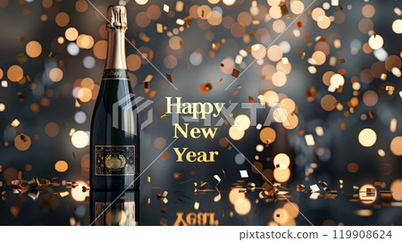 A beautifully decorated champagne bottle stands elegantly on a table, surrounded by shimmering confetti, celebrating the arrival of the New Year 119908624