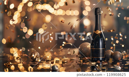 A bottle of champagne stands proudly amidst shimmering confetti and decorative elements, creating a festive atmosphere for an evening celebration 119908625