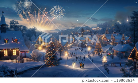 A charming winter village comes alive with colorful holiday lights as fireworks illuminate the night sky. Snow blankets the ground, creating a magical atmosphere for celebrations A charming winter village comes alive with colorful holiday lights as fireworks illuminate the night sky. Snow blankets the ground, creating a magical atmosphere for celebrations 119908634