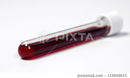 A clear test tube containing a dark red liquid is resting on a white surface, indicating a blood sample ready for laboratory testing and analysis in a clinical setting 119908655