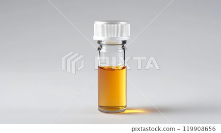 A clear glass vial filled with amber liquid stands upright on a plain background, illuminated by soft light that highlights its shape and contents A clear glass vial filled with amber liquid stands upright on a plain background, illuminated by soft light that highlights its shape and contents 119908656