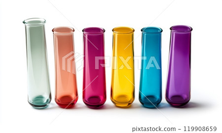 Six glass test tubes of different colors are lined up against a white background, displaying a range of vibrant shades from clear to deep purple 119908659