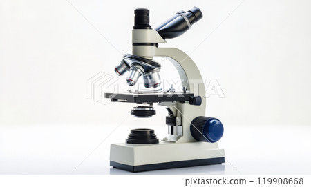 A laboratory microscope stands upright with its adjustable lenses ready for viewing samples. The equipment highlights precision and scientific exploration in a clean setting A laboratory microscope stands upright with its adjustable lenses ready for viewing samples. The equipment highlights precision and scientific exploration in a clean setting 119908668