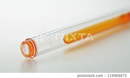 A clear pen with vibrant orange ink stands on a light-colored surface illuminated by natural light, showcasing its sleek design and colorful refill 119908672