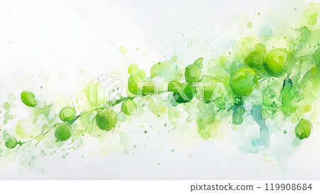 This artwork features a lively arrangement of green orbs connected by a slender vine, reflecting the freshness and serenity of nature through delicate watercolor strokes This artwork features a lively arrangement of green orbs connected by a slender vine, reflecting the freshness and serenity of nature through delicate watercolor strokes 119908684