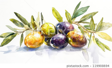 This artwork depicts a cluster of fresh olives resting on olive branches, highlighting their diverse colors and the intricate details of the leaves under soft, natural light 119908694
