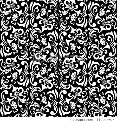 Flower pattern. Seamless white and black ornament. Graphic vector background. Ornament for fabric, wallpaper, packaging. 119908697