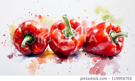Three bright red bell peppers are depicted in a watercolor style, showcasing their glossy texture. The background features playful splashes of color that enhance their visual appeal 119908708