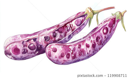 Vibrant purple eggplants with unique spotted patterns rest against a clean white background, showcasing their natural beauty and freshness 119908711