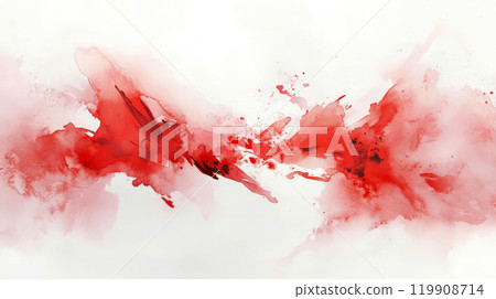 A vibrant artwork features bold red splashes against a soft white backdrop, highlighting the fluidity and energy of color through abstract expressionism 119908714