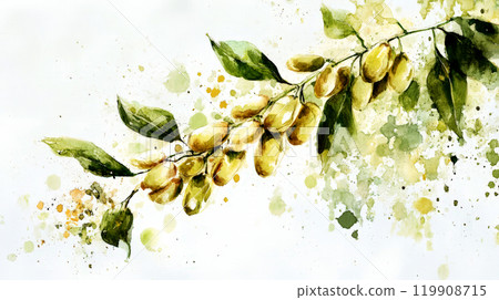 A beautiful watercolor depiction features a branch laden with yellow olives, nestled among green leaves, complemented by a splash of vibrant colors in the background 119908715