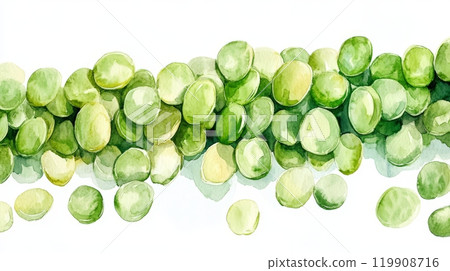 A collection of fresh green peas sprawls across a soft background, displaying their delicate hues and natural shapes. The arrangement emphasizes their freshness and simplicity 119908716
