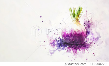 A freshly harvested turnip is depicted in colorful watercolor, with green leaves atop a round body featuring shades of purple and white. The backdrop showcases artistic splashes of color 119908720