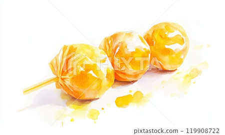 Three colorful, round candies wrapped delicately sit against a plain white backdrop, evoking a sense of joy associated with treats found at carnivals and celebrations 119908722