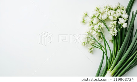 A vibrant bunch of green onions is elegantly arranged with small white flowers on a soft, neutral background, highlighting the freshness and vitality of the produce A vibrant bunch of green onions is elegantly arranged with small white flowers on a soft, neutral background, highlighting the freshness and vitality of the produce 119908724