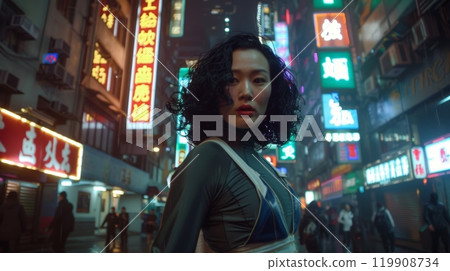 In the heart of Hong Kong, a woman poses under colorful neon lights, embodying urban elegance amidst the lively nightlife and street activity in the evening In the heart of Hong Kong, a woman poses under colorful neon lights, embodying urban elegance amidst the lively nightlife and street activity in the evening 119908734