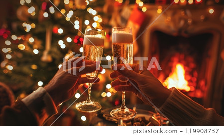 A couple holds up glasses filled with sparkling beverages, smiling as they toast together in a warm, festive setting adorned with holiday lights and decorations 119908737