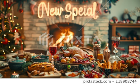 A beautifully arranged holiday dinner with a roasted turkey centerpiece, surrounded by colorful sides and festive decorations, all illuminated by a cozy fireplace glow 119908744