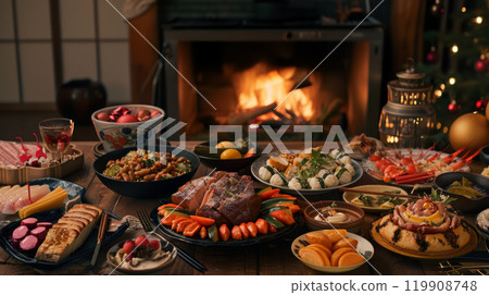 A beautifully arranged table displays an array of traditional holiday dishes, all set by a warm fireplace adorned with festive decorations and glowing lights 119908748