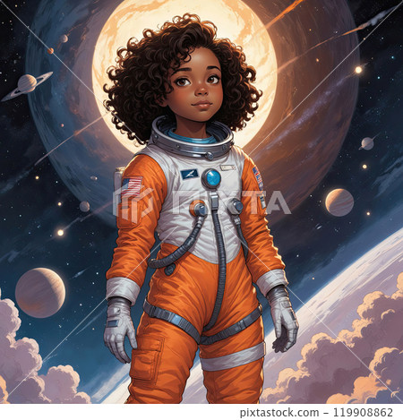 African American girl astronaut in a spacesuit on the background of space, comic style 119908862