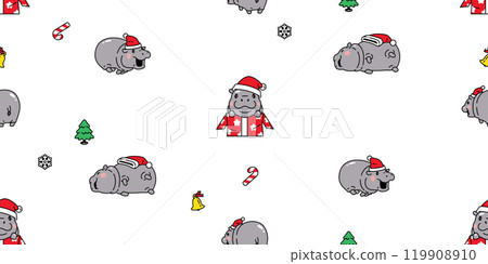 pygmy hippo seamless pattern christmas santa claus hat gift box Baby Hippo vector hippopotamuses running sleeping zoo pet animal cartoon character doodle tile background gift wrapping paper repeat wal 119908910