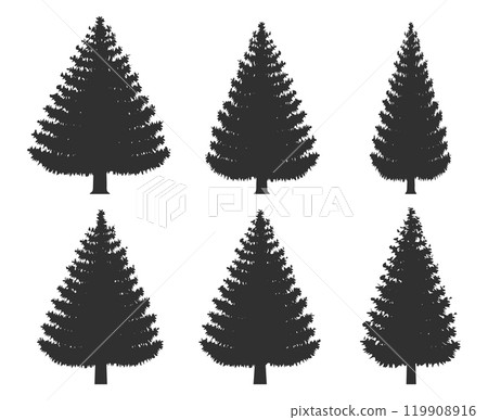 Spruce tree shape silhouette icon collection. Christmas tree logo symbol sign. Coniferous woodland forest trees set. Vector illustration image. Isolated on white background. 119908916
