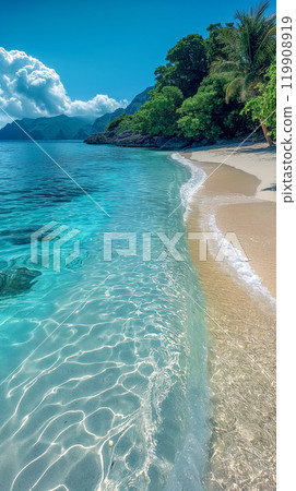 Serene Beach Shoreline at Sunset With Gentle Waves Crashing on the Sand. Generative AI 119908919