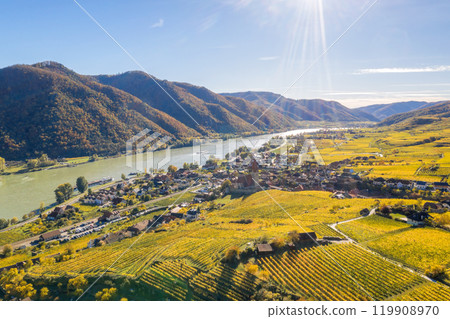 Autumn panorama of Wachau valley (Unesco world heritage site) with Danube river near the Weissenkirchen village in Lower Austria, Austria Autumn panorama of Wachau valley (Unesco world heritage site) with Danube river near the Weissenkirchen village in Lower Austria, Austria 119908970