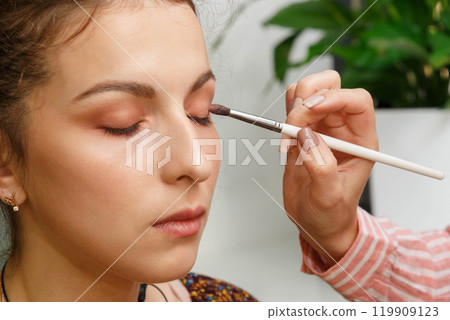 The process of creating makeup. Makeup artist working with a brush on the face of the model. 119909123
