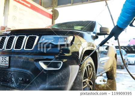 Self-service express car wash. Outdoor high pressure washing for cars. Self-service express car wash. Outdoor high pressure washing for cars. 119909395