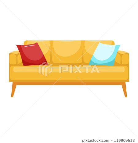 Yellow sofa with cushions in flat design. Couch for living room interior. Vector illustration isolated. 119909638