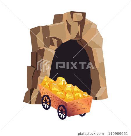 Mining cave with golds cart in flat design. Digging underground crystals. Vector illustration isolated. 119909661