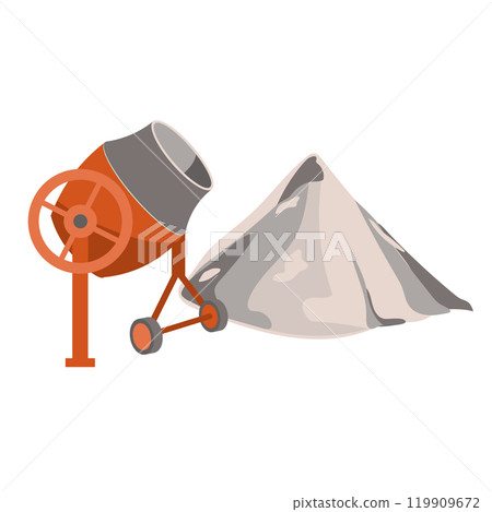 Concrete mixer and cement heap in flat design. Building materials and tools. Vector illustration isolated. Concrete mixer and cement heap in flat design. Building materials and tools. Vector illustration isolated. 119909672