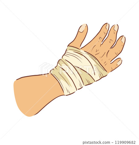 Bandaged hand palm in flat design. Wrist with trauma in bandage apply. Vector illustration isolated. 119909682