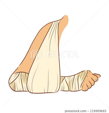 Bandaged hand with support in flat design. Broken arm and wrist in gypsum. Vector illustration isolated. 119909683