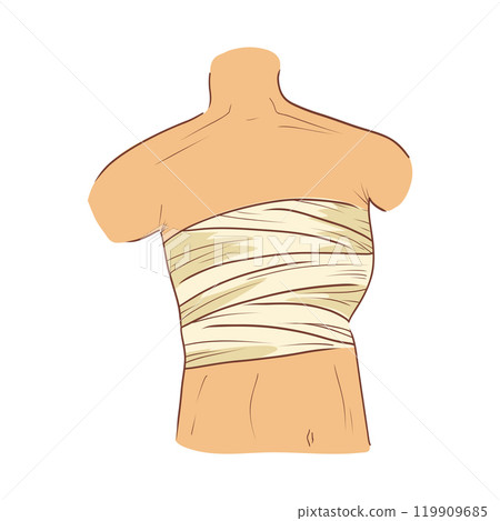 Bandaged human chest in flat design. Hospital aid with bandage compression. Vector illustration isolated. Bandaged human chest in flat design. Hospital aid with bandage compression. Vector illustration isolated. 119909685