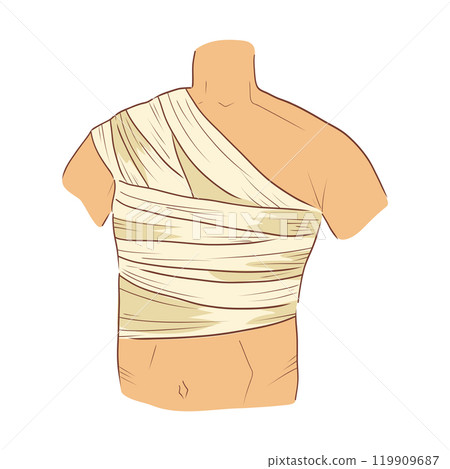 Bandaged human chest in flat design. Hospital patient aid with bandage. Vector illustration isolated. Bandaged human chest in flat design. Hospital patient aid with bandage. Vector illustration isolated. 119909687